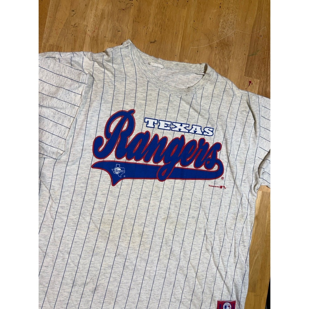 Vintage 90s Texas Rangers T Shirt Mens L Nutmeg USA MLB Pinstripe Baseball